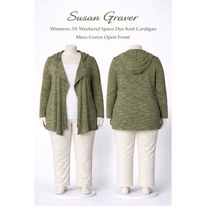 Susan Graver Womens 3X Weekend Space Dye Knit Cardigan Moss Green Open A297149